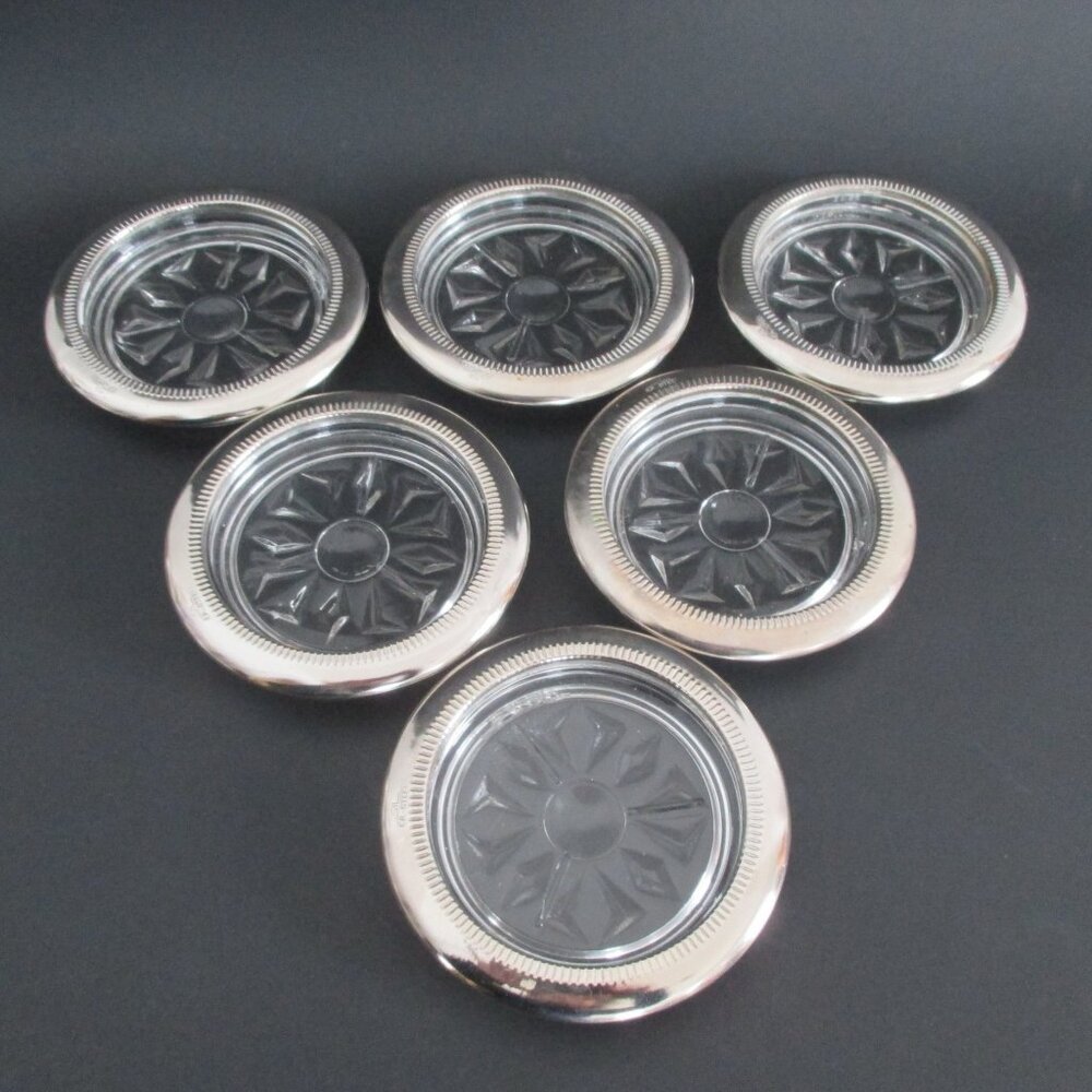 6 Glass Coasters Silver Plate Rims
